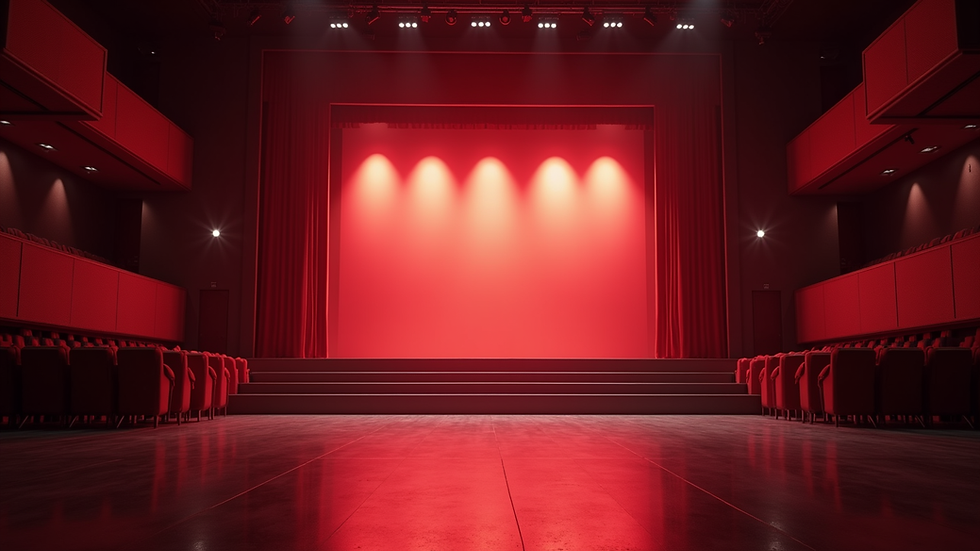 Eye-level view of a modern theatre stage with vibrant lighting