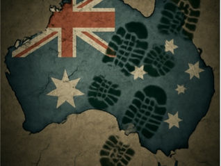 Map of Australia with flag design, covered in dark boot prints. Cracked texture and muted colours create a somber mood.