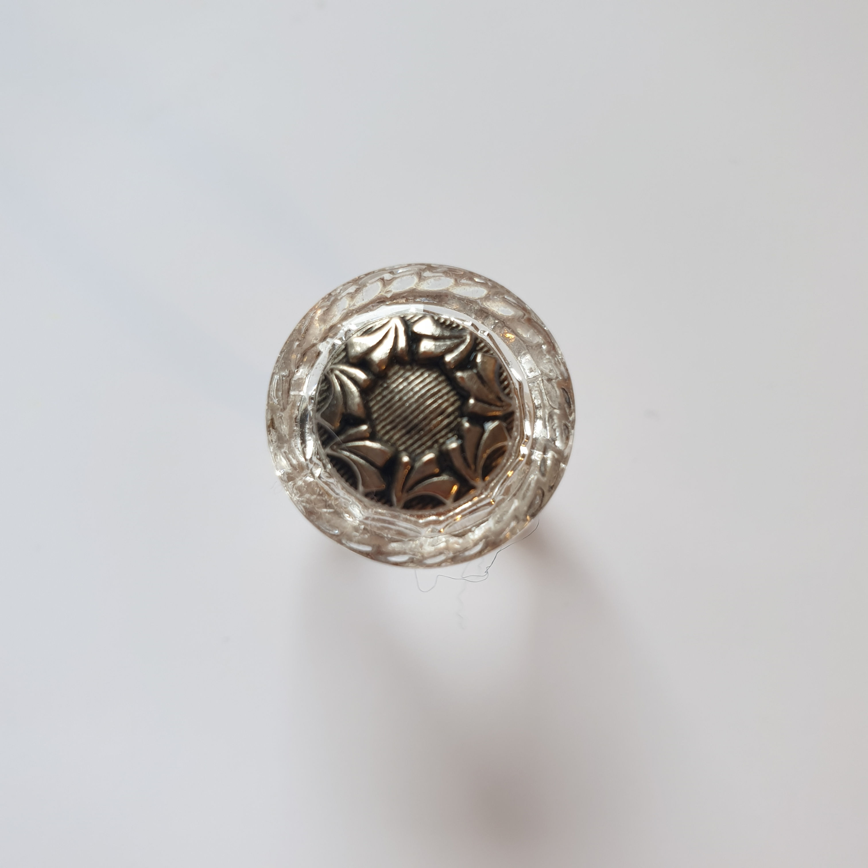 Bague bouton vintage verre transparent et métal argenté