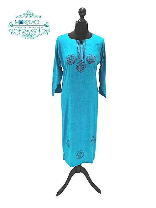 Blue Embroidered Cotton Kurti