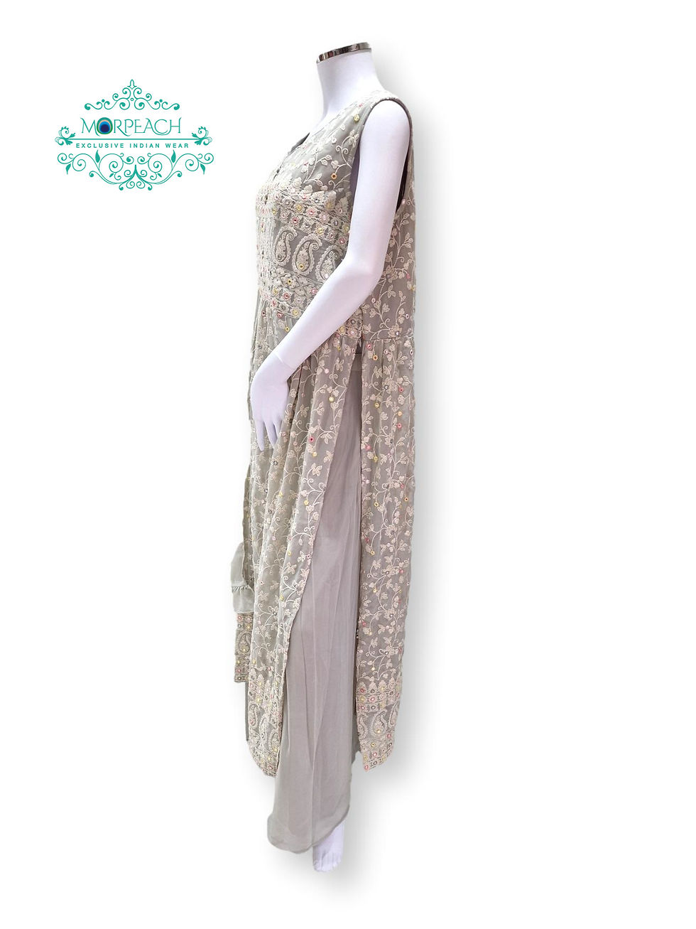 Thumbnail: Grey Thread Work Naira Cut Dress (3XL)