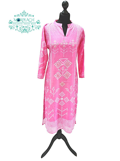 Pink Printed Bandhej Silk Kurti (XL)