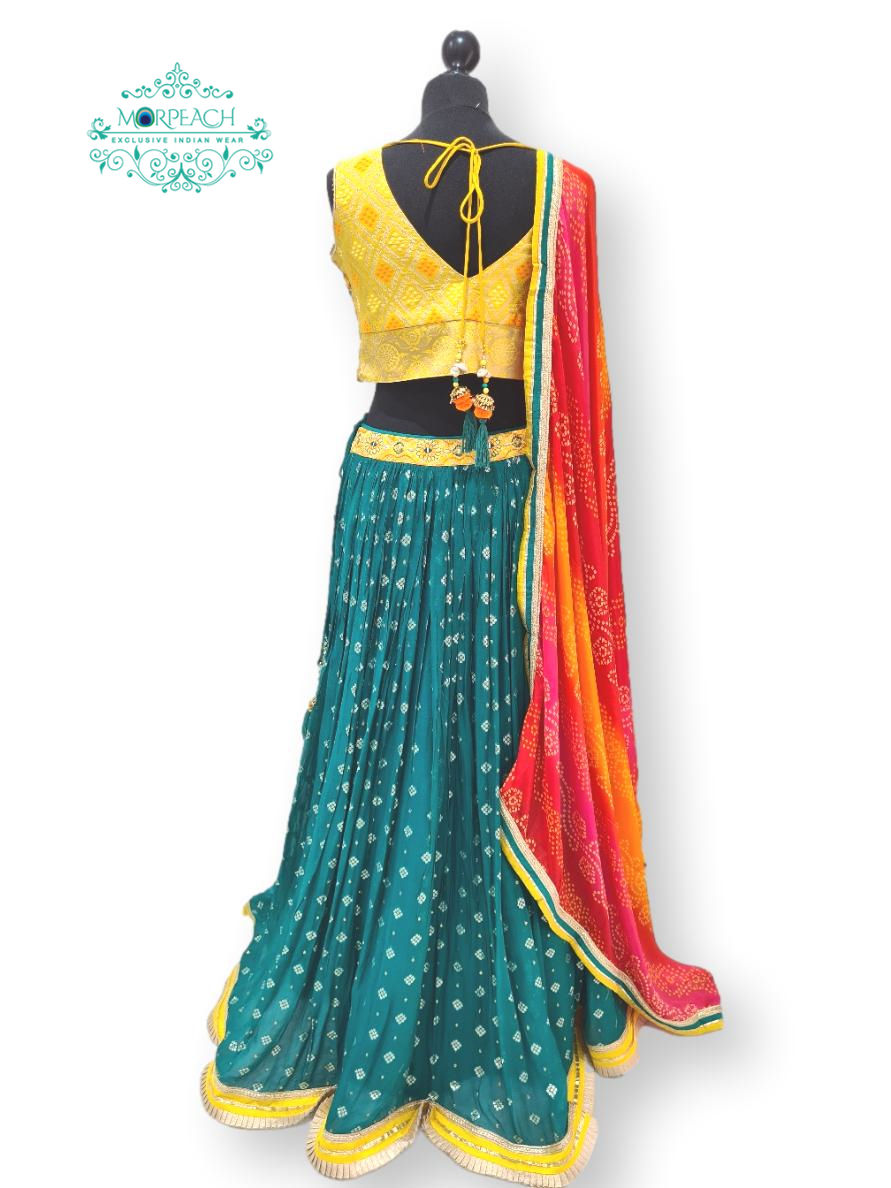 Thumbnail: Green And Yellow Bandhni Lehenga (XL)
