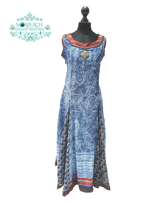 Blue Printed Chiffon Kurti (M)