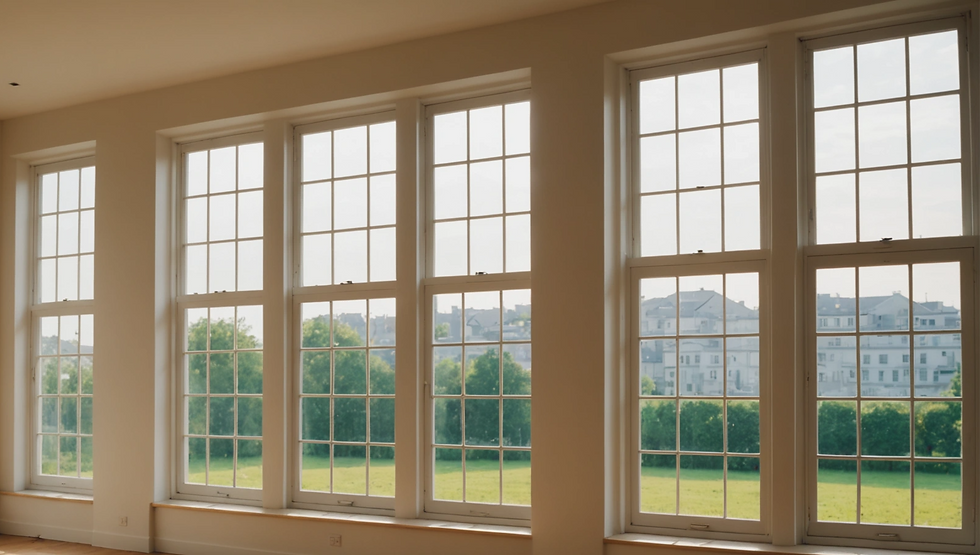 Eye-level view of clean windows allowing sunlight to flood into a bright room