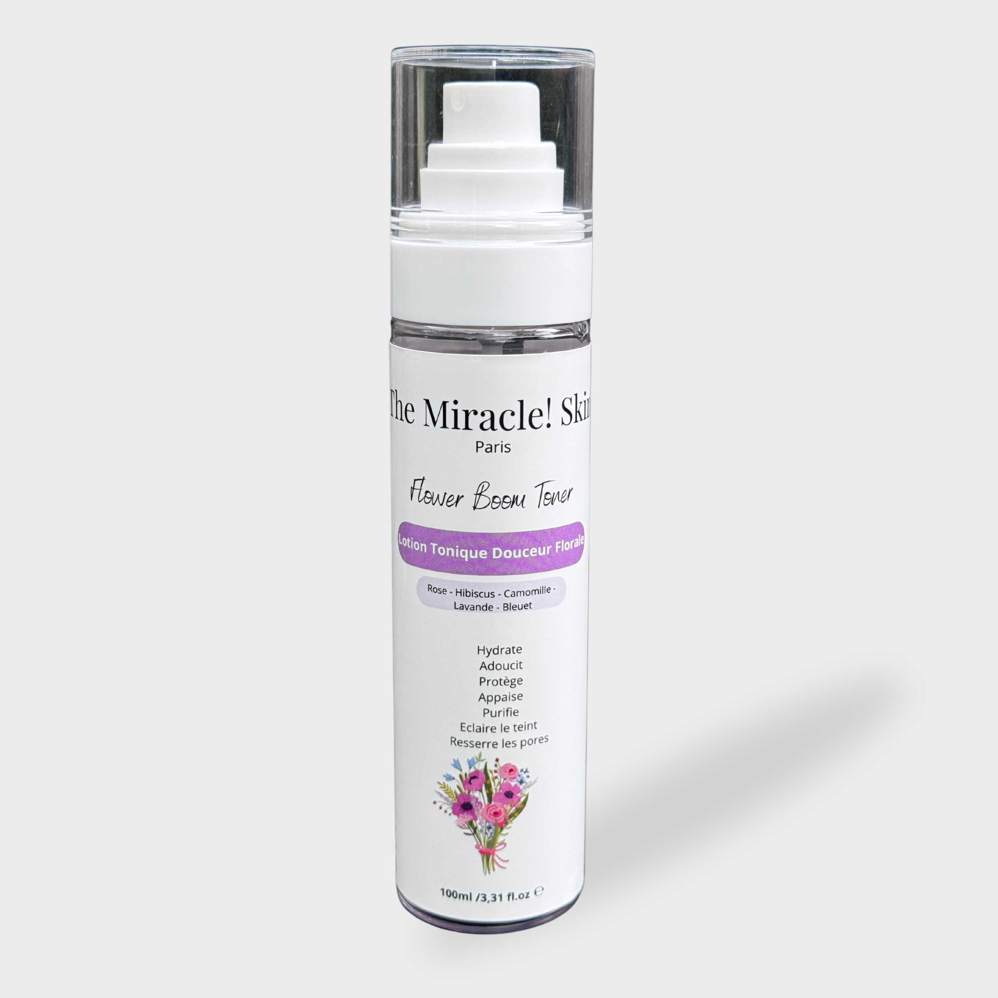 Lotion tonique florale The Miracle Skin – Flacon 100 ml à base de rose, lavande et hibiscus