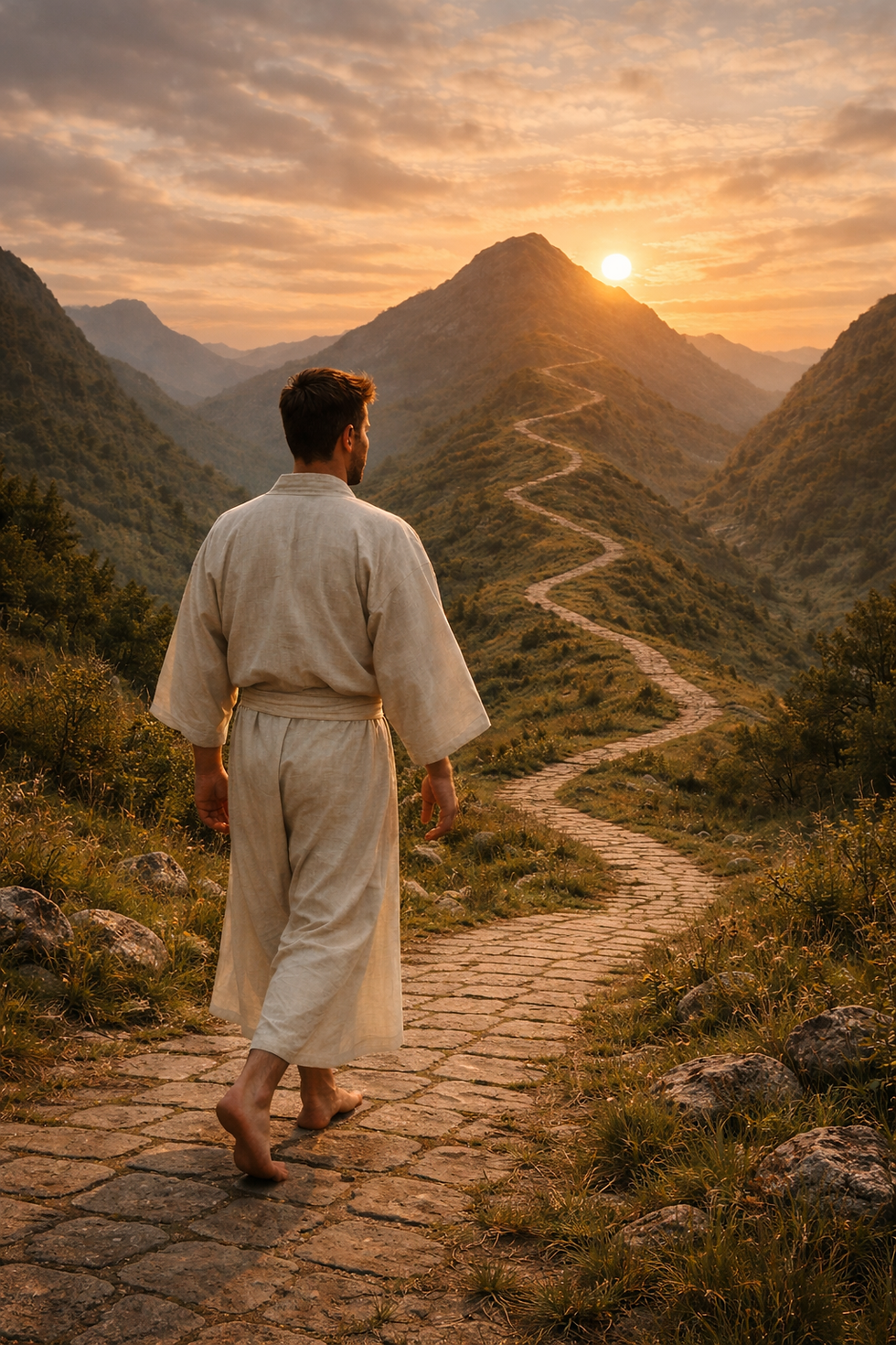 Ein Mann im traditionellen weißen Shiatsu-Gewand geht barfuß einen geschwungenen Bergpfad entlang – Sonnenaufgang über den Gipfeln symbolisiert persönliche Entwicklung, innere Klarheit und den Weg der ganzheitlichen Heilung.