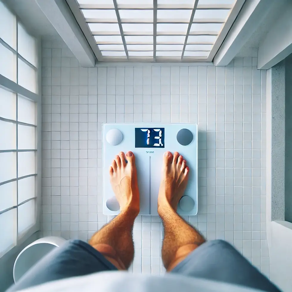 Person steht auf einer digitalen Waage in einem minimalistischen japanischen Badezimmer. Die Waage zeigt 73 kg an. Ansicht von oben.