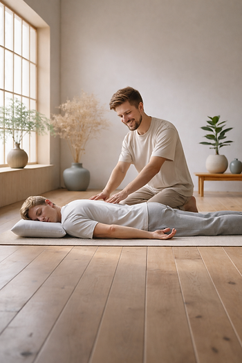 Shiatsu gegen Erschöpfung – Eine entspannter Klient genießt eine Shiatsu-Behandlung in einer ruhigen Atmosphäre in der Hara Shiatsu Praxis in 1020 Wien zur Förderung von Entspannung und Wohlbefinden
