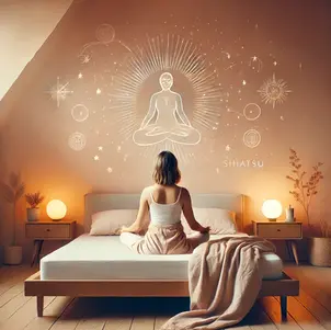Frau sitzt entspannt auf einem Bett und visualisiert eine Shiatsu-Behandlung in Wien – Manifestation und Entspannung in einem Moment.