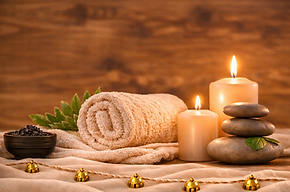 Ambiance spa avec galets et bougie, symbole de détente et de bien‑être.
