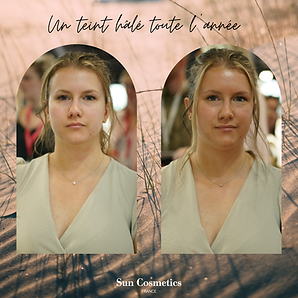 Comparatif avant/après d’un soin Sun Cosmetic, amélioration visible de l’éclat du visage.