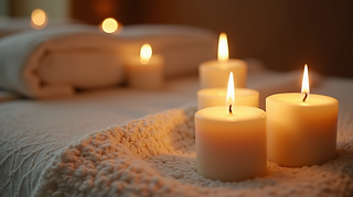 Ambiance spa avec bougies et fleurs, illustrant la détente et le bien‑être.