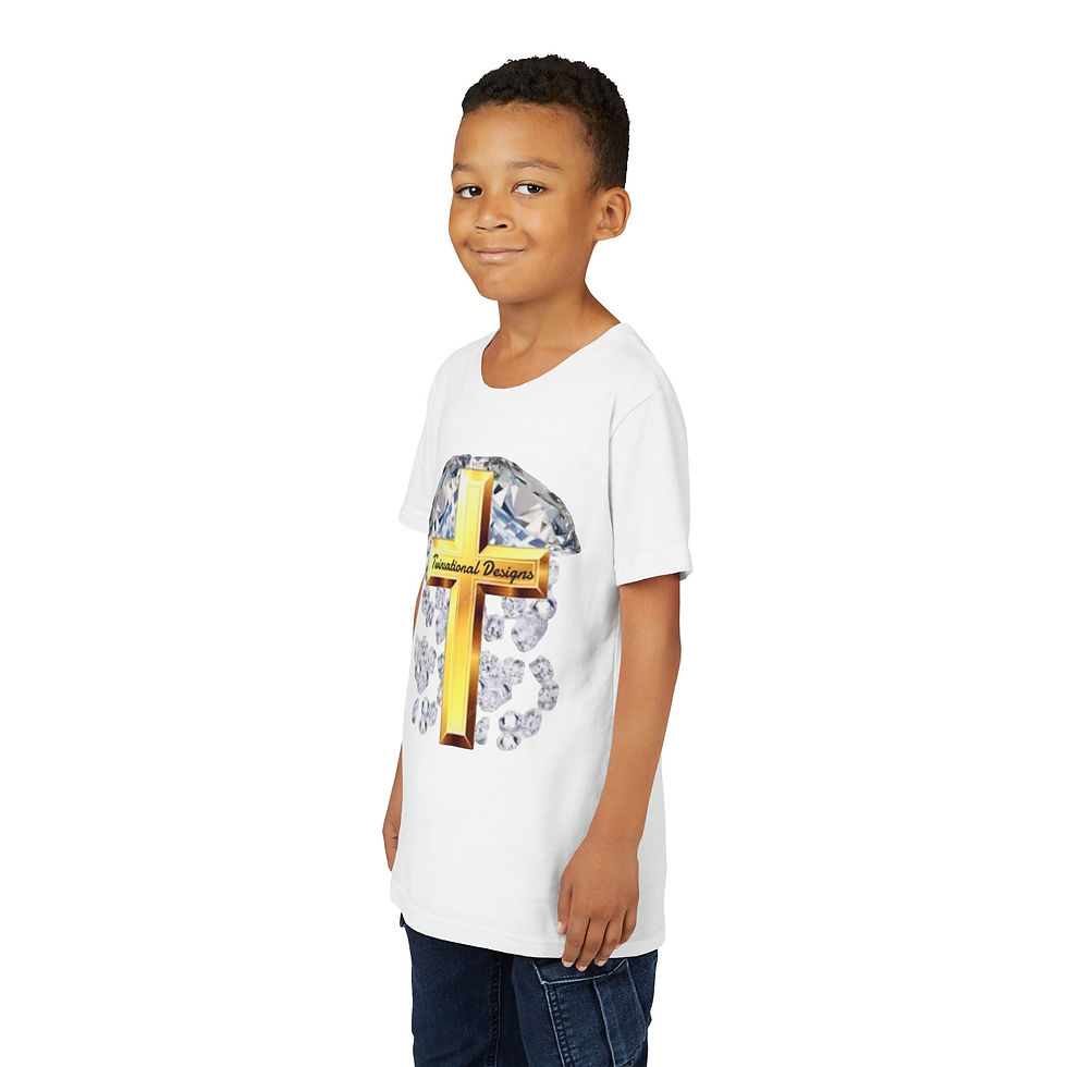 Thumbnail: Young boy smiling, wearing white t-shirt with golden cross design.