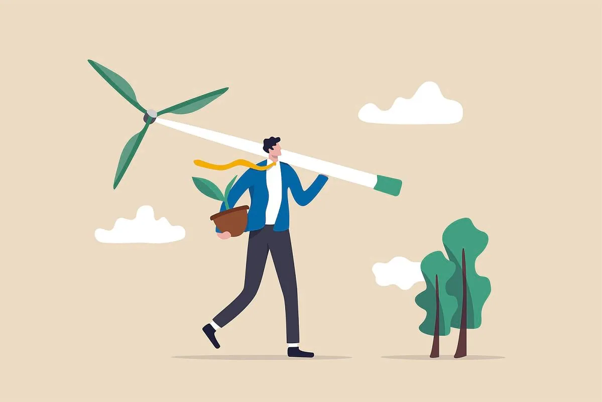 An illustration of a man holding a wind turbine and a pot plant