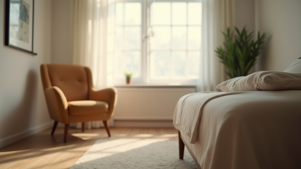 Close-up view of a calm therapy room with a comfortable chair and soft lighting