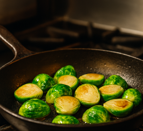 Brussels sprouts cooking on the stovetop at Basil & Bourbon in downtown Bolivar, Missouri