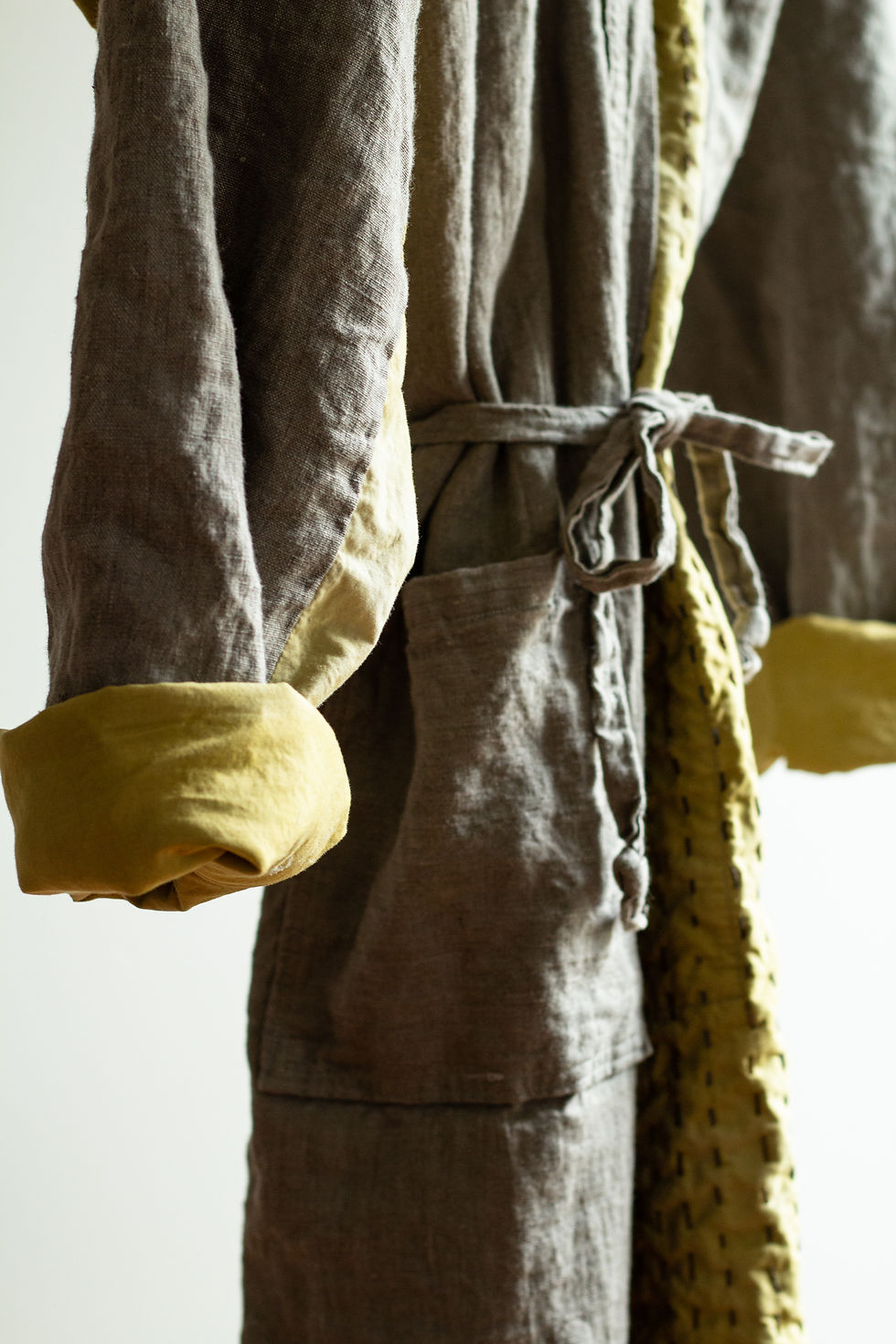Thumbnail: SPINDLE ERMINE - Naturally Dyed Linen Kimono Robe with Sashiko Hand Stitching