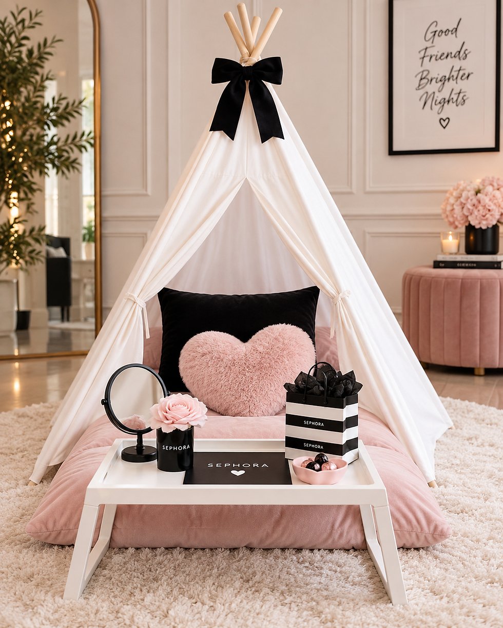 Pink and white teepee sleepover party rentals setup