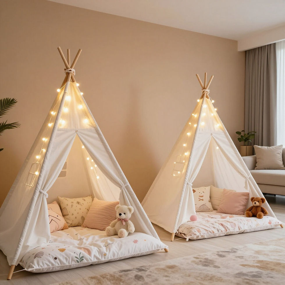 Three indoor teepee tents with cushions and bears