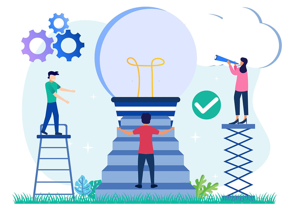 Illustration of three people collaborating around a large lightbulb on steps, representing proactive teamwork and continuous improvement in the workplace.
