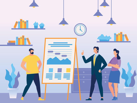 Illustration of coworkers discussing a presentation, symbolizing moving from planning to action and addressing workplace challenges