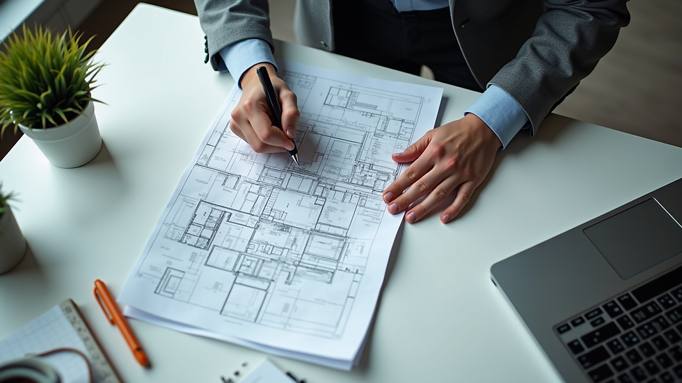 High angle view of a structural engineer reviewing blueprints on a desk