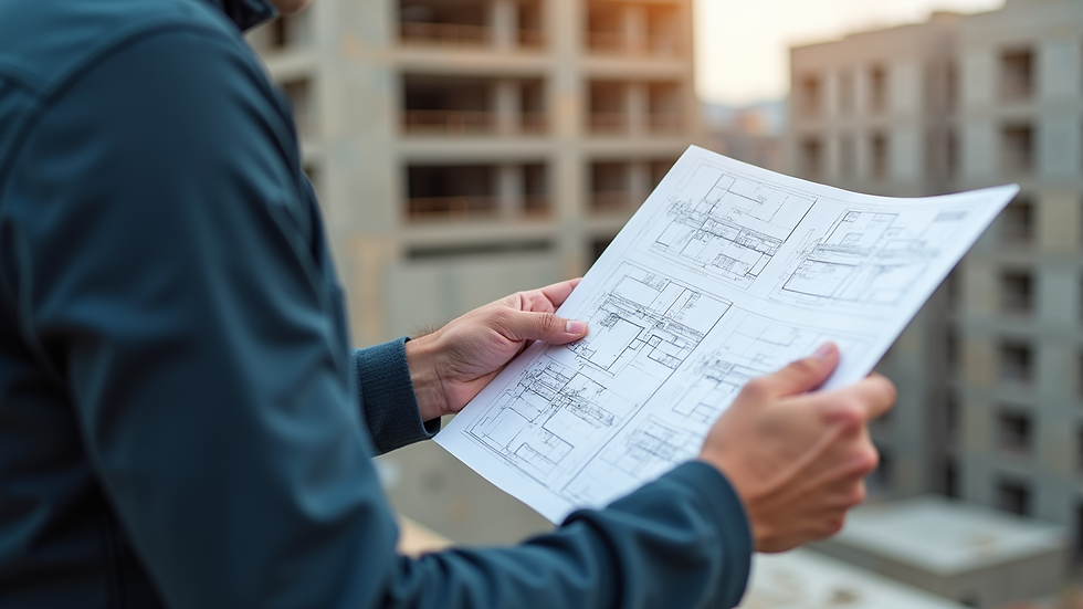 Close-up view of a structural engineer reviewing blueprints at a construction site