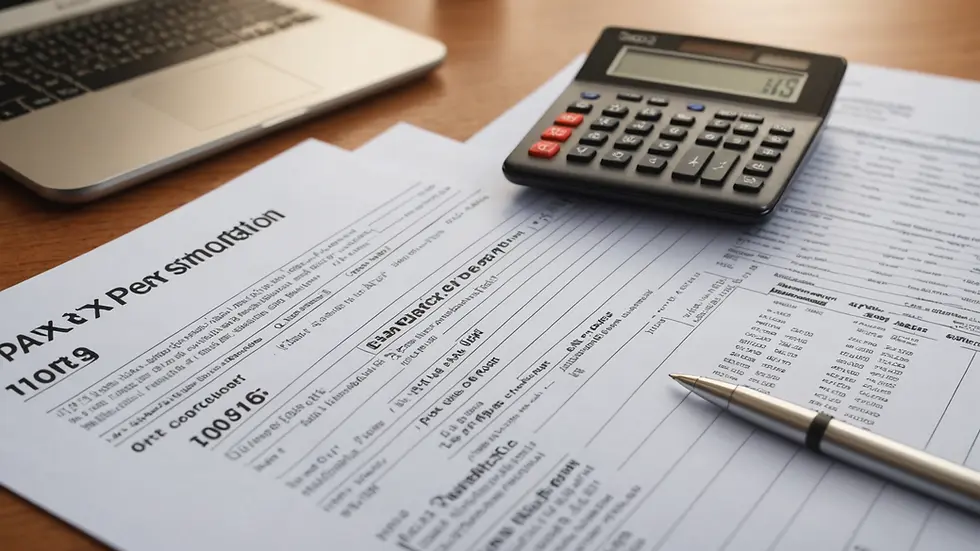 Close-up view of a tax preparation document laid out on a clean tabletop with a calculator beside it