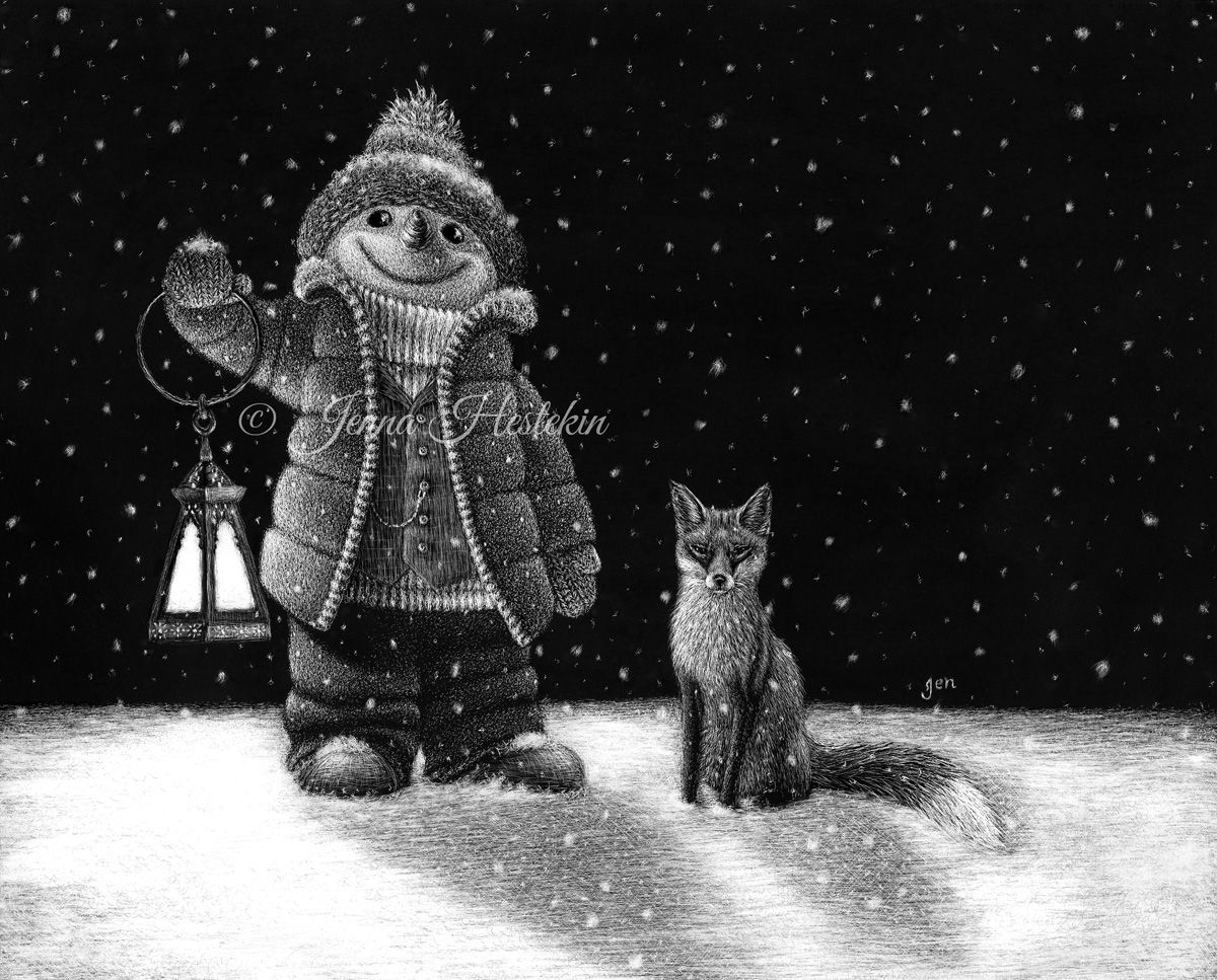 Snowman & Fox Scratchboard Fine Art Print and Notecards