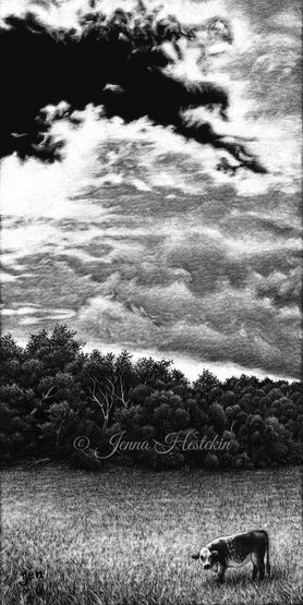 cow in pasture drawing of landscape with cow and big sky overhead