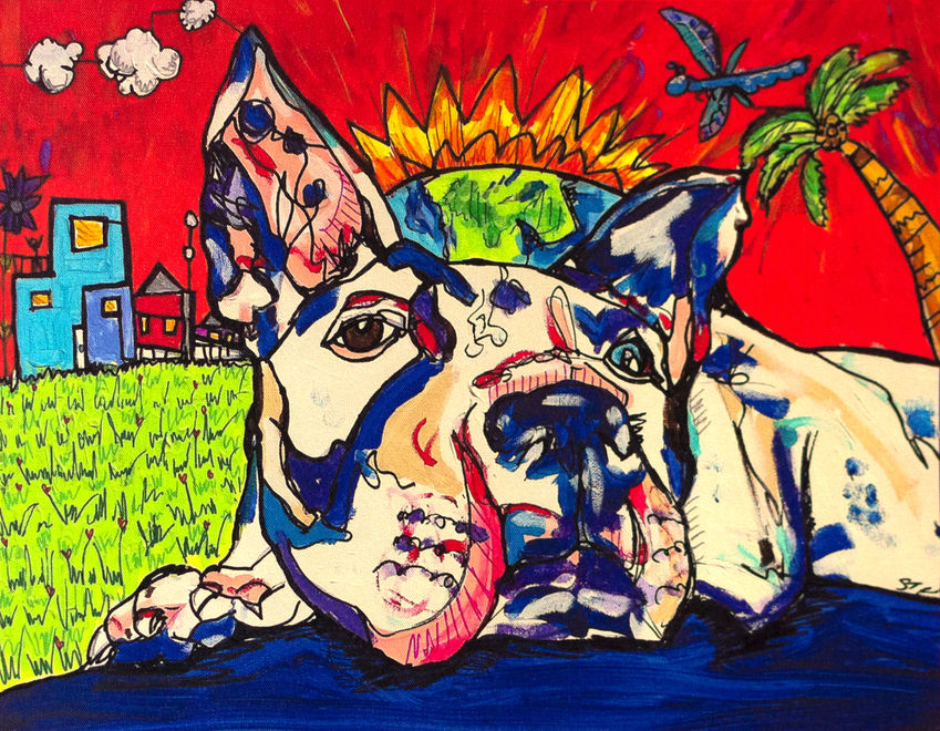 Jules in San Diego Pitbull Pittbull Dog Pitbull Fun Palm Tree Vibrant Vivid colorful painting Surrealistic Surrealism Abstract  Fun Red Sofa Yellow Pilow Bright  City san diego Palm Tree Dragonfly Acrylic and Marker on Canvas Pibble Staffy Staffordshire Terrier 

