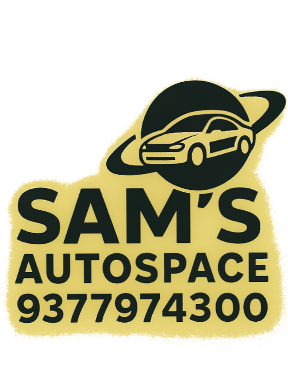 Sam's Autospace logo with car image and phone number 9377974300 on gold