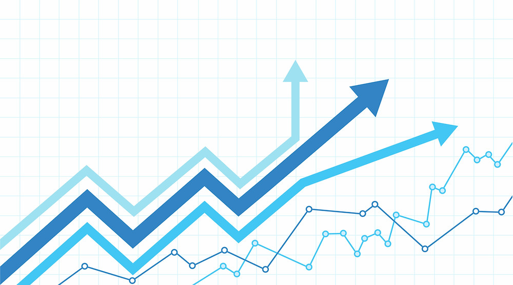 Financial chart with arrows going in different directions