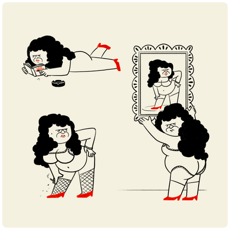 A cartoon female character in different poses on a light beige background. The first character is holding a cigarette, lying, and reading the book. The cover reads: A love story. The second character is standing. The third is holding a big framed picture with a portrait of herself.