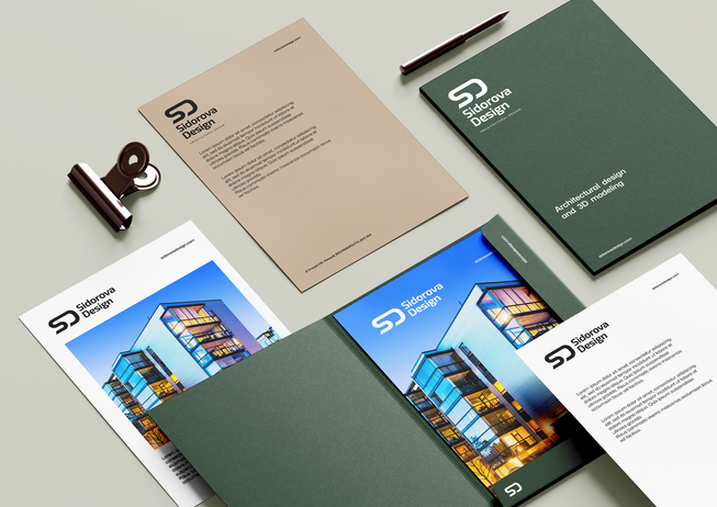 A dark green folder with a white logo, next to which are letterheads with a black logo and text about the company, as well as flyers with the logo and a photo of the building on them.