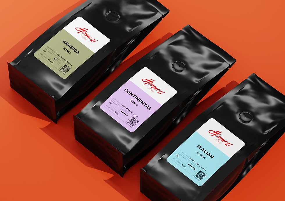 Three coffee bags are laid on an orange background with three labels. This image was made in the Blender.