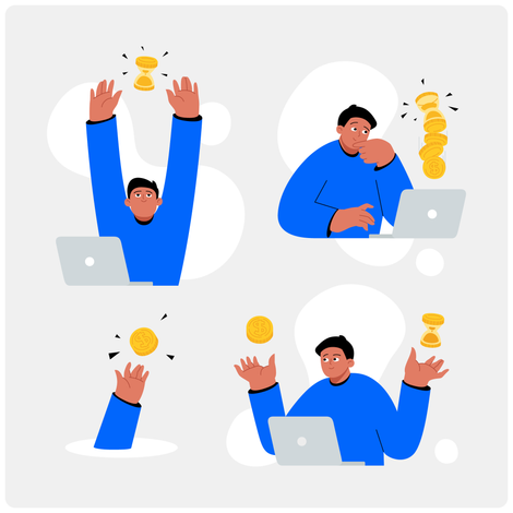 Illustration of a freelancer working on a laptop, juggling time and money, expressing emotions from success to concentration.