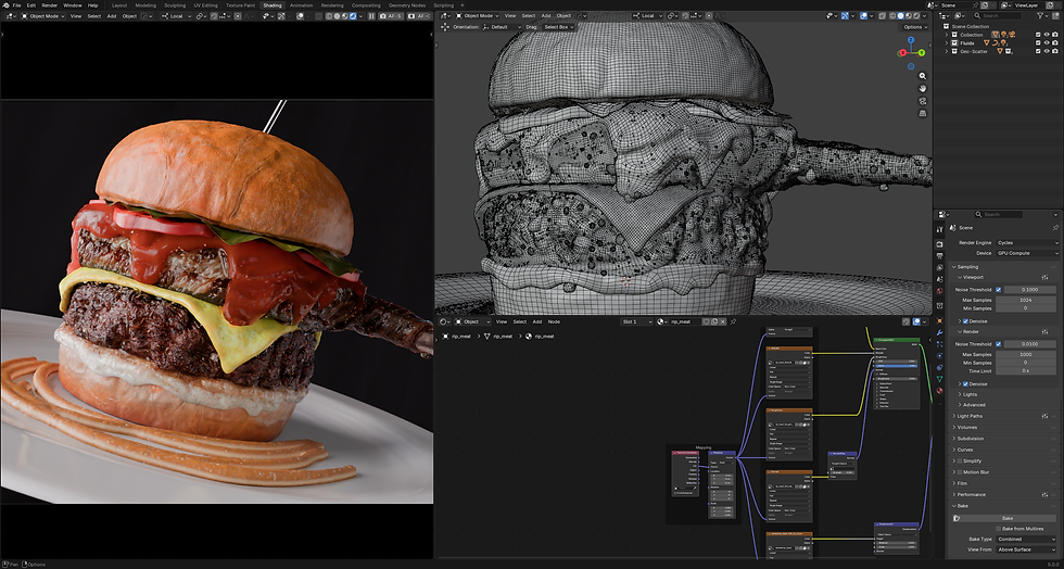 Hamburger 3D Realistic Render trong Blender kèm Wireframe và Node Graph