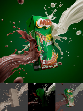 Mô hình 3D hộp sữa lúa mạch với hiệu ứng chất lỏng splash art bằng Blender Geometry Nodes