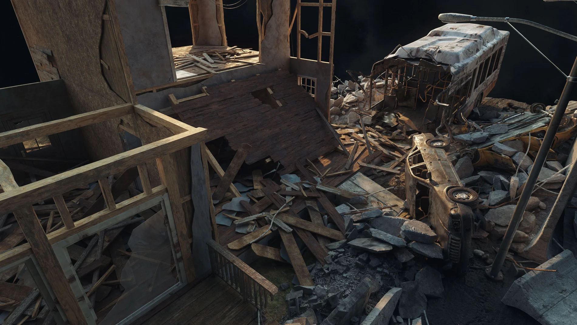 Asset Blender nhà đổ nát chi tiết cao trong bộ Wreckage Kit