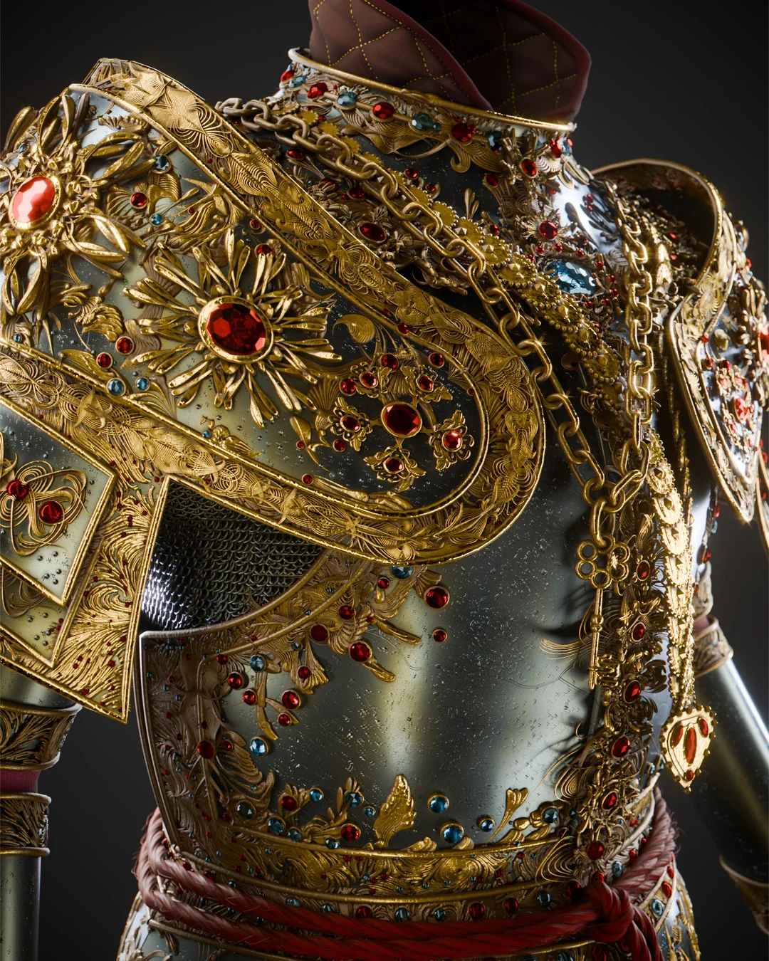 Tác phẩm Bejewelled - Bộ giáp vàng đính đá quý được tạo hoàn toàn bằng Blender Geometry Nodes bởi ar