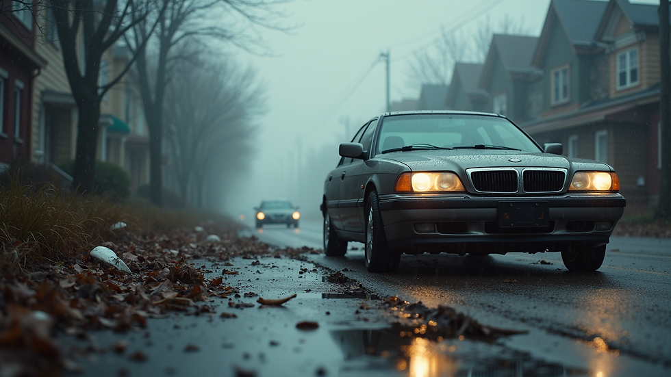 Close-up view of a car surrounded by storm debris