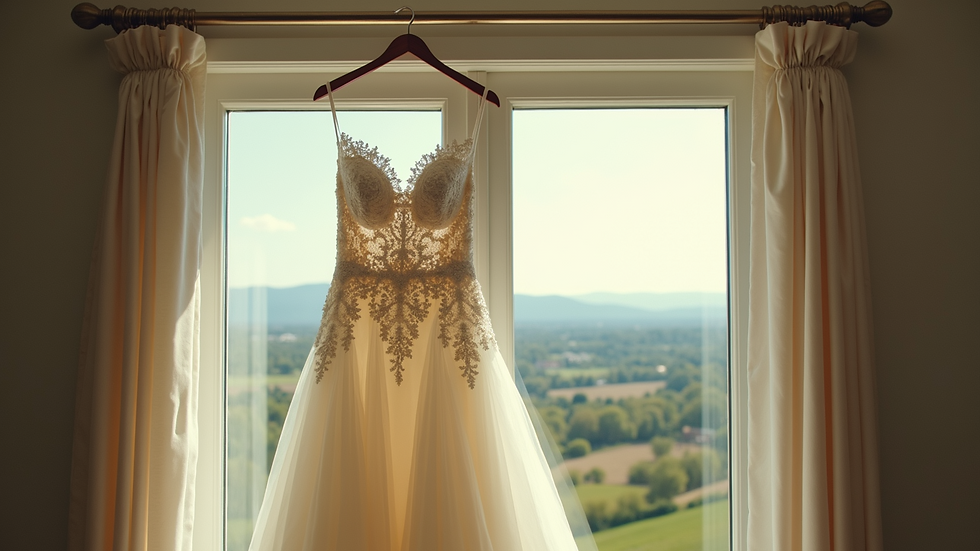 High angle view of a bride's dress hanging in a serene location