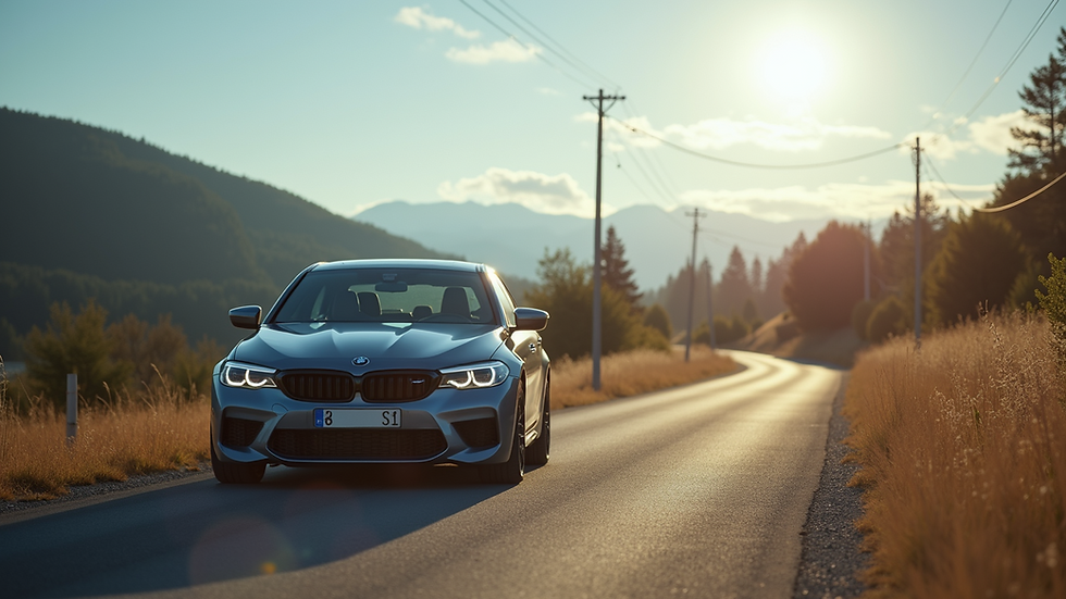 Eye-level view of a car parked in a scenic location