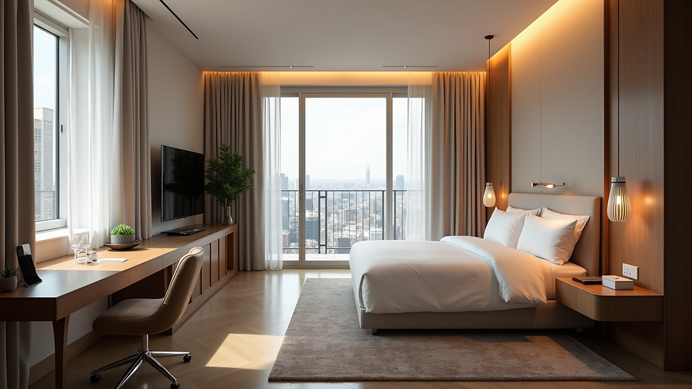 High angle view of hotel room with smart home technology