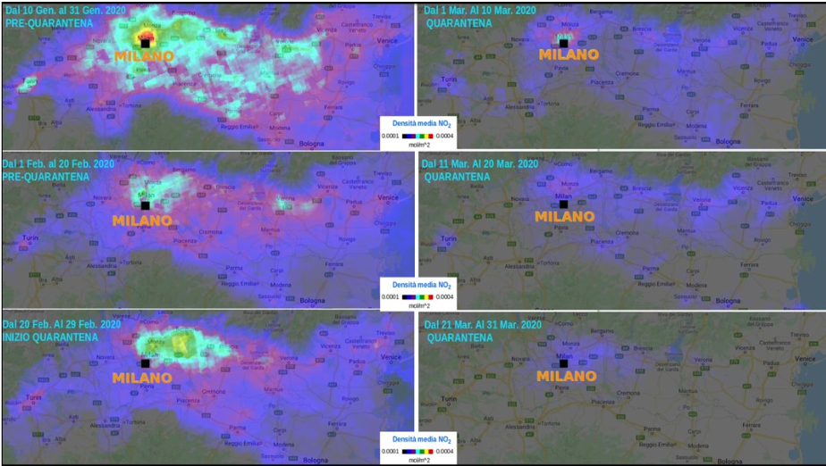 Densità media N02 (mol/m2) nell’area metropolitana di Milano pre e post quarantena