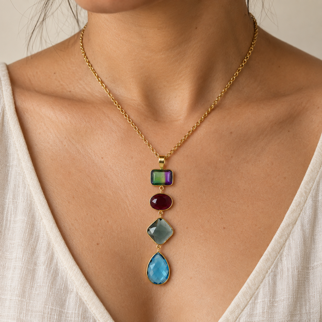 Gold Plated Y Necklace, Multicolor Monalisa Stone Lariat Necklace
