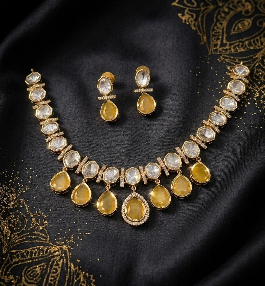 Thumbnail: Yellow Kundan Choker Necklace Set with Earrings, Indian Bridal Jewelry, Adjustab