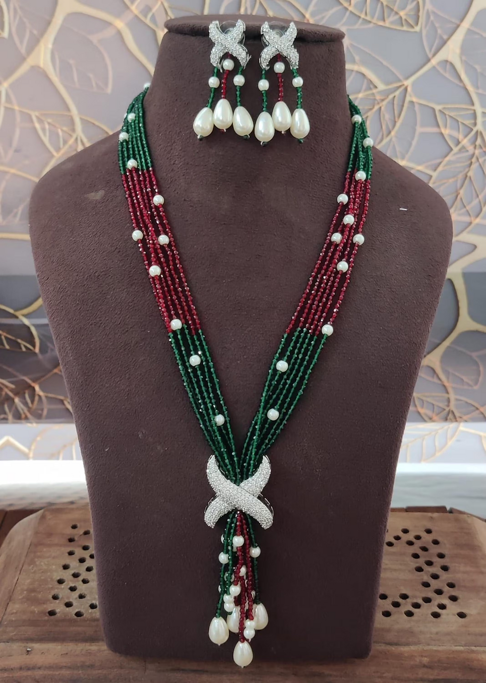 Thumbnail: Long Green Onyx Beaded Mala Necklace with CZ & Faux Pearls